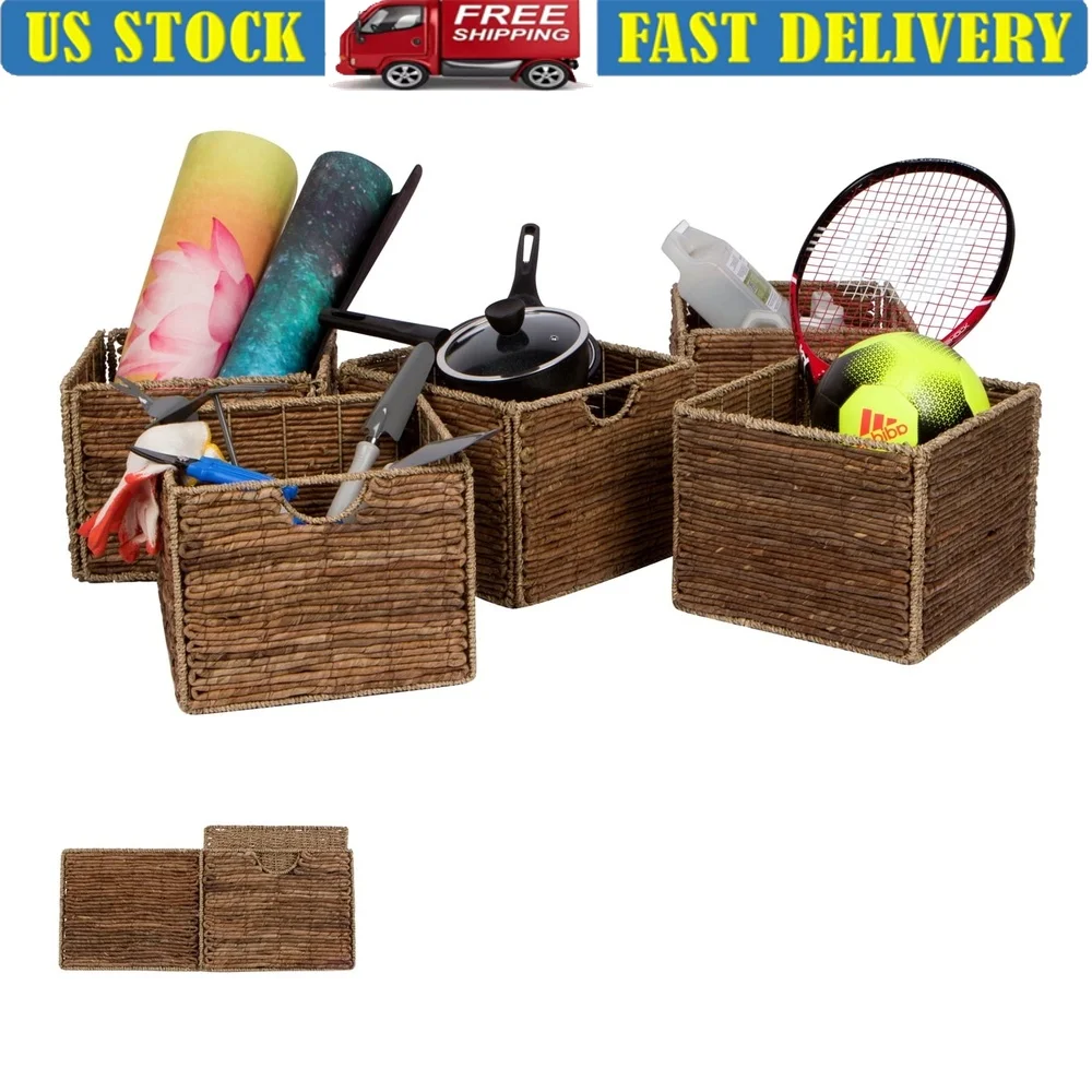 

Foldable Seagrass Banana Leaf Storage Baskets Set of 4 Collapsible Square Iron Frame Home Decor Organizing Household Items