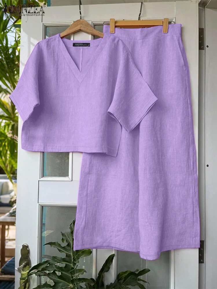 ZANZEA Donna Casual 2 pezzi Set Abbigliamento da giorno Camicette larghe a mezza manica con scollo a V Pantaloni a gamba larga 2 pezzi Completi estivi Set di pantaloni solidi
