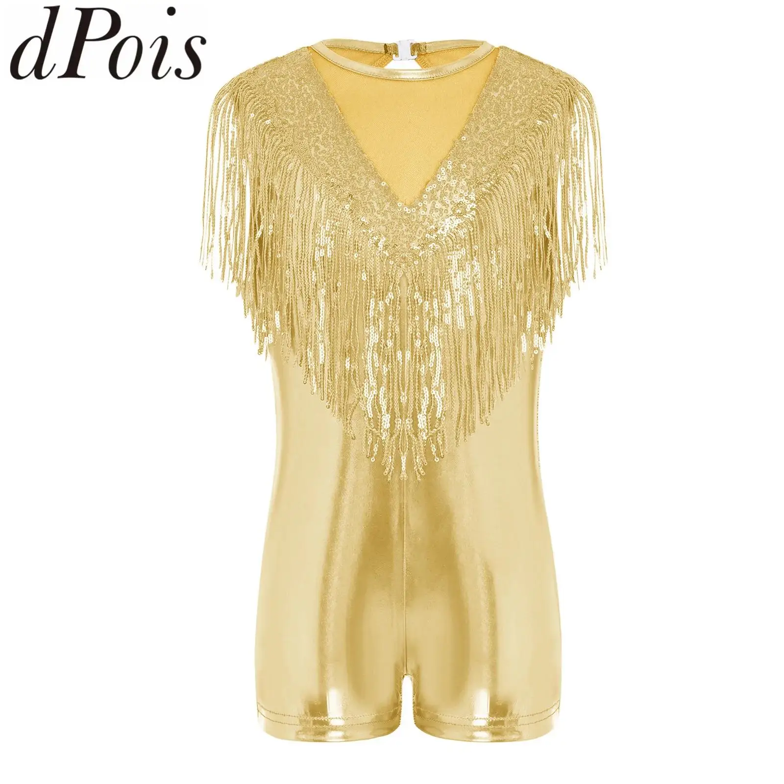 

Детский комбинезон для девочек с бахромой и пайетками, без рукавов, в стиле пэчворк, металлический, для танцев, джаза, танго, латины, выступлений