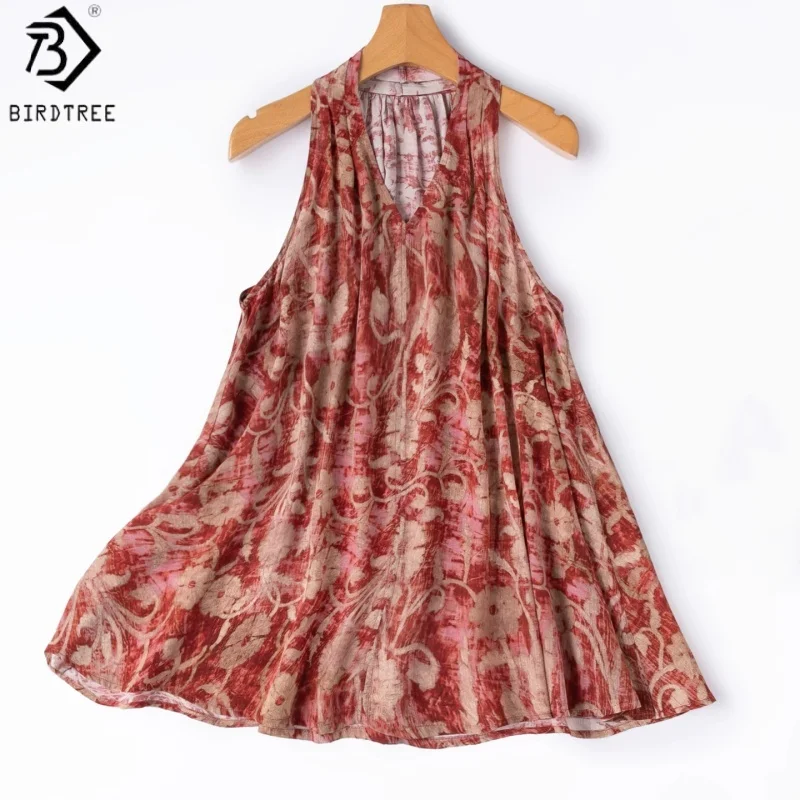 Birdtree, 100% Real Silk Print Tank Top, Sleeveless V-neck Vest, Women's Double Crepe Vacation Tops, 2026 Autumn New T67903JF