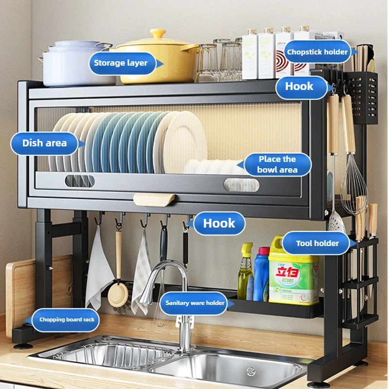 Thickened Sink Storage Rack Adjustable Dustproof Dish Shelf Stable Kitchen Organizer  Multi-Purpose Draining Rack