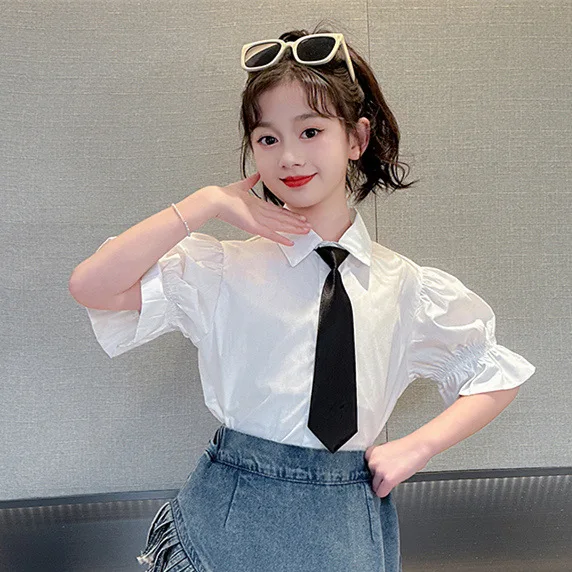 

Girls Blouse Children 2024 New Spring and Summer Short Sleeve Shirt Simple Casual Style All-match White Top Simple Casual