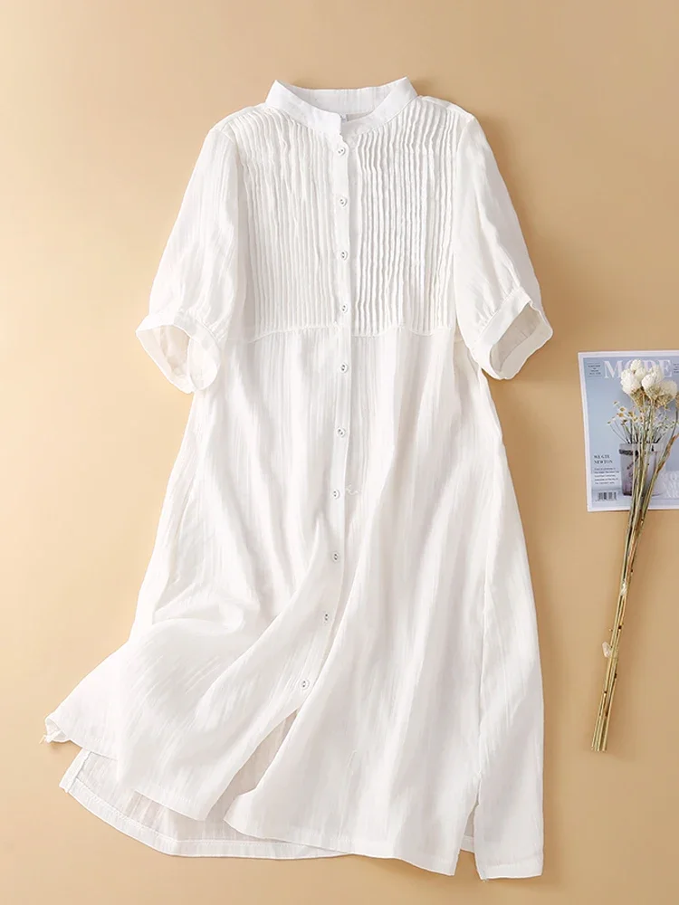 

Женское Плиссированное Платье-рубашка, хлопковое мини-платье составного кроя с воротником-стойкой и коротким рукавом, модель B74, 2024