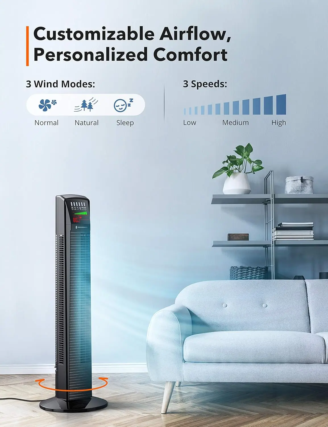 Tower Fan, 65°Oscillating Cooling Fan Powerful Floor Fan with Remote, LED Display, 9 Modes, Easy Clean, Up to 12H Timer, Bladele