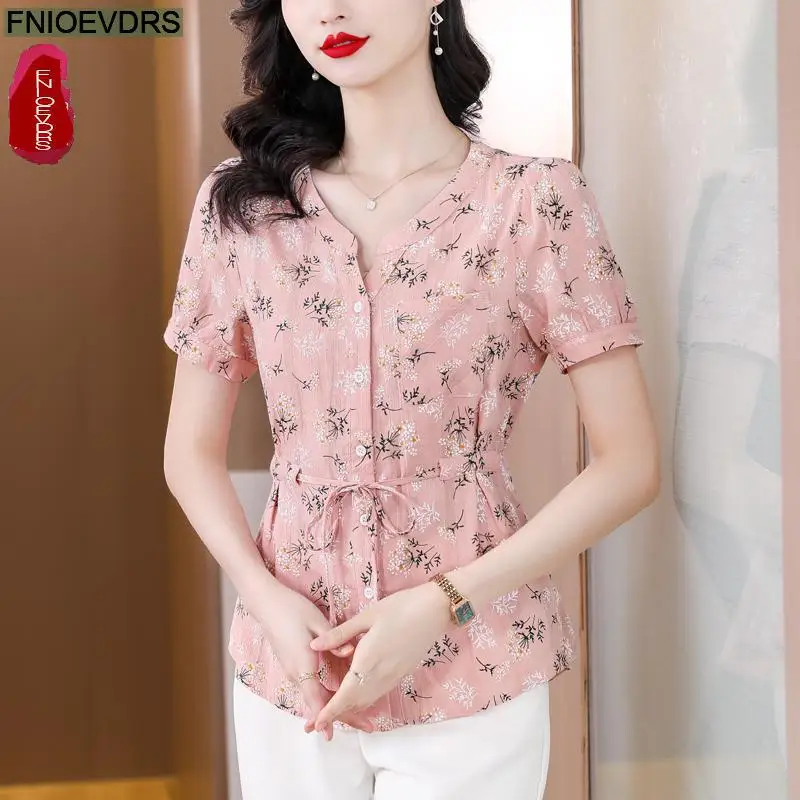 White Pink Drawstring Slim Waist Tops Women Summer Short Sleeve Cute Sweet Floral Print Retro Vintage Blouses Button Shirts