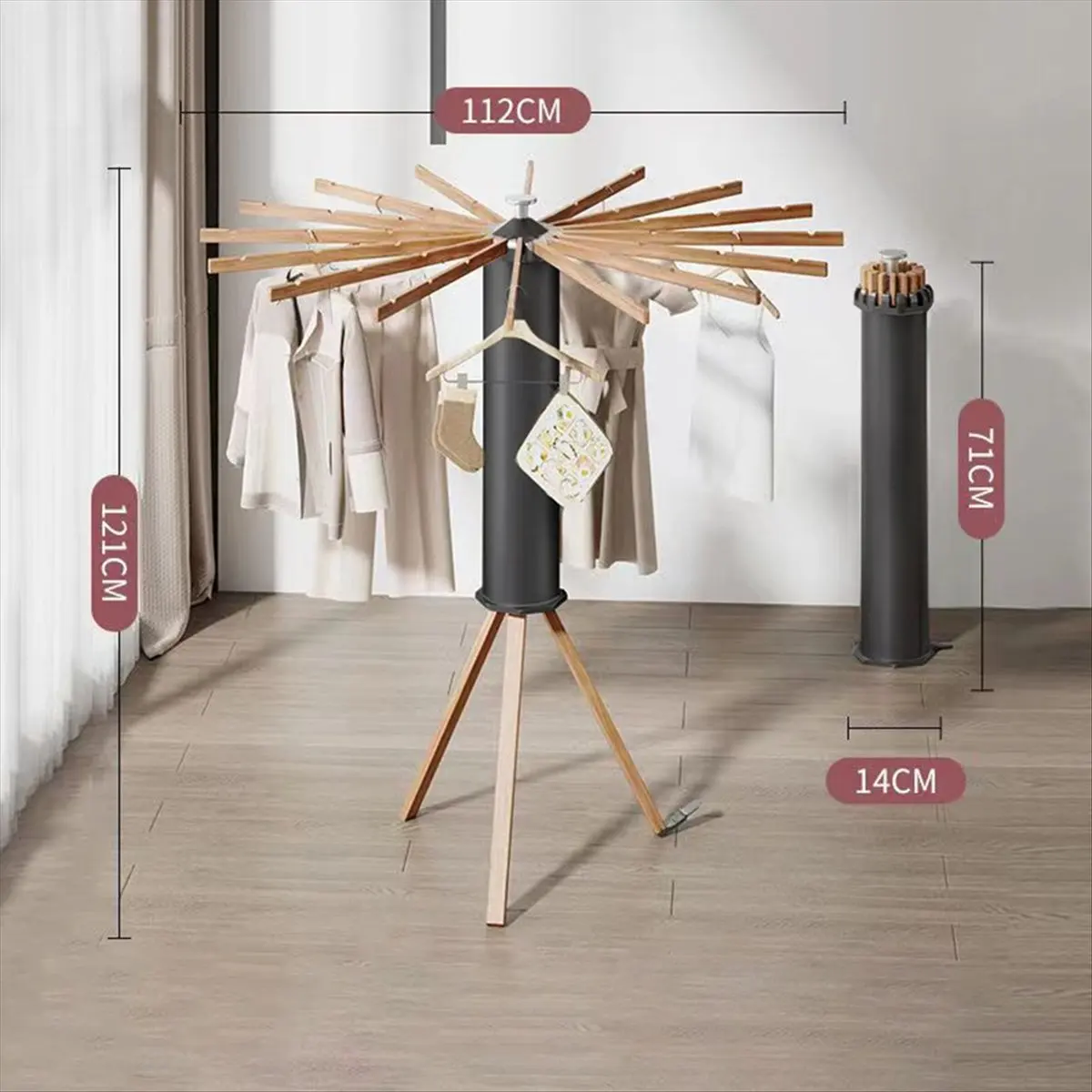

[CLOS] Tripod Clothes Drying Rack, Portable Foldable Clothes Drying Rack, Home Floor Standing Wooden Clothes Drying Rack,Black