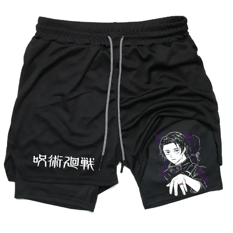 2-in-1 Compreesion Shorts for Men Gym Workout Running Athletic Anime Jujutsu Kaisen Performance with Pockets Activewear Workout