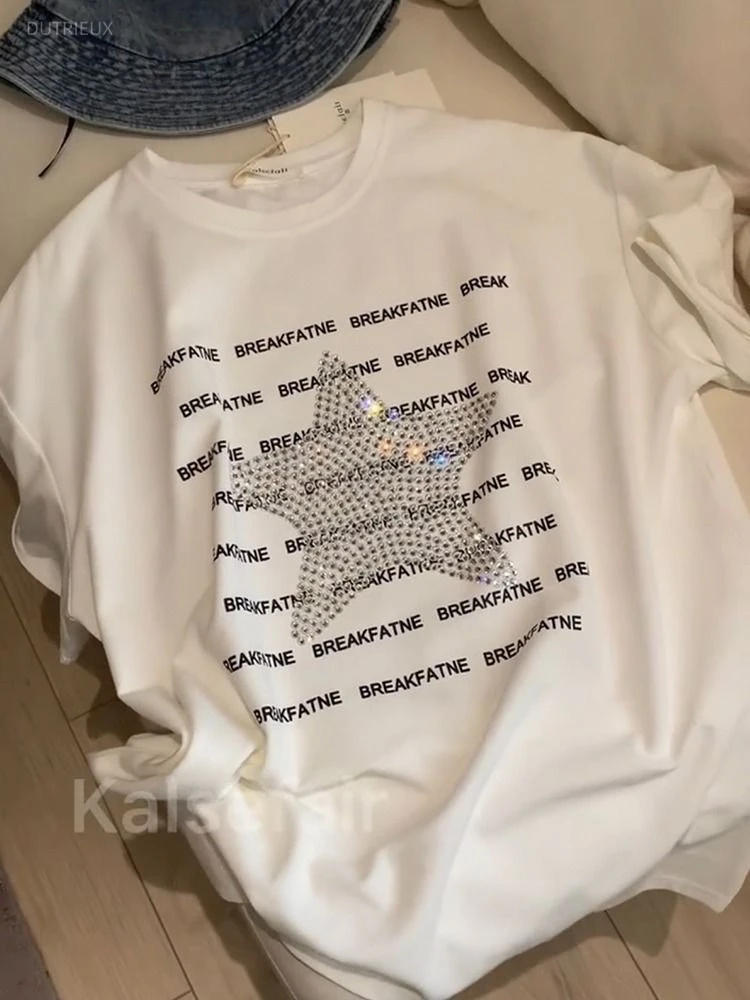 Casual Rhinestone O Neck Half Sleeve T-shirt American New Loose Trendy Top Female Simple Office Lady Minority Ropa Mujer