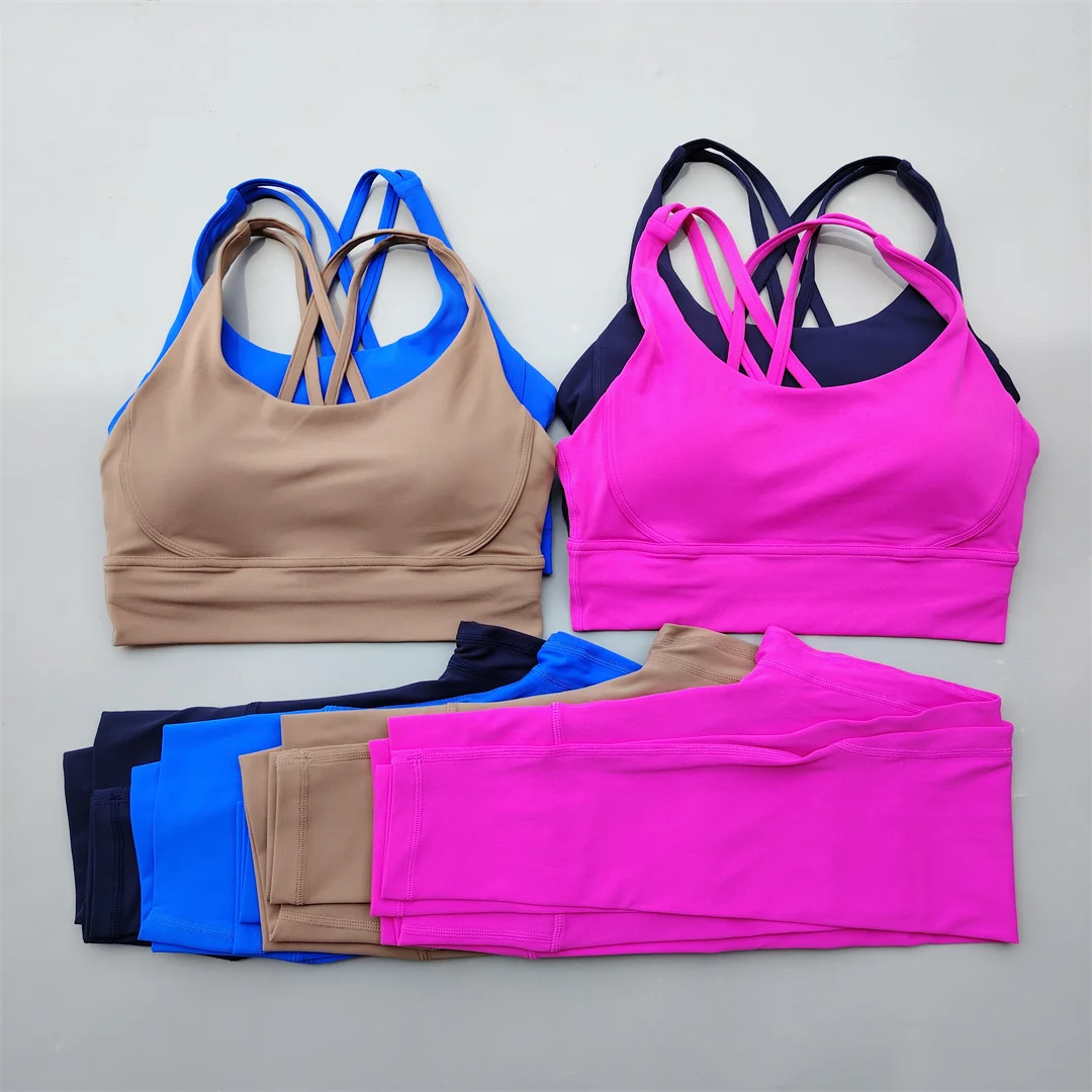 2-Piece Gym Women\'s Sports Suit Sexy Yoga Suit Solid Color Cross Back Bra Leggings Pilates Sports Fitness Suit Soft Comfortable