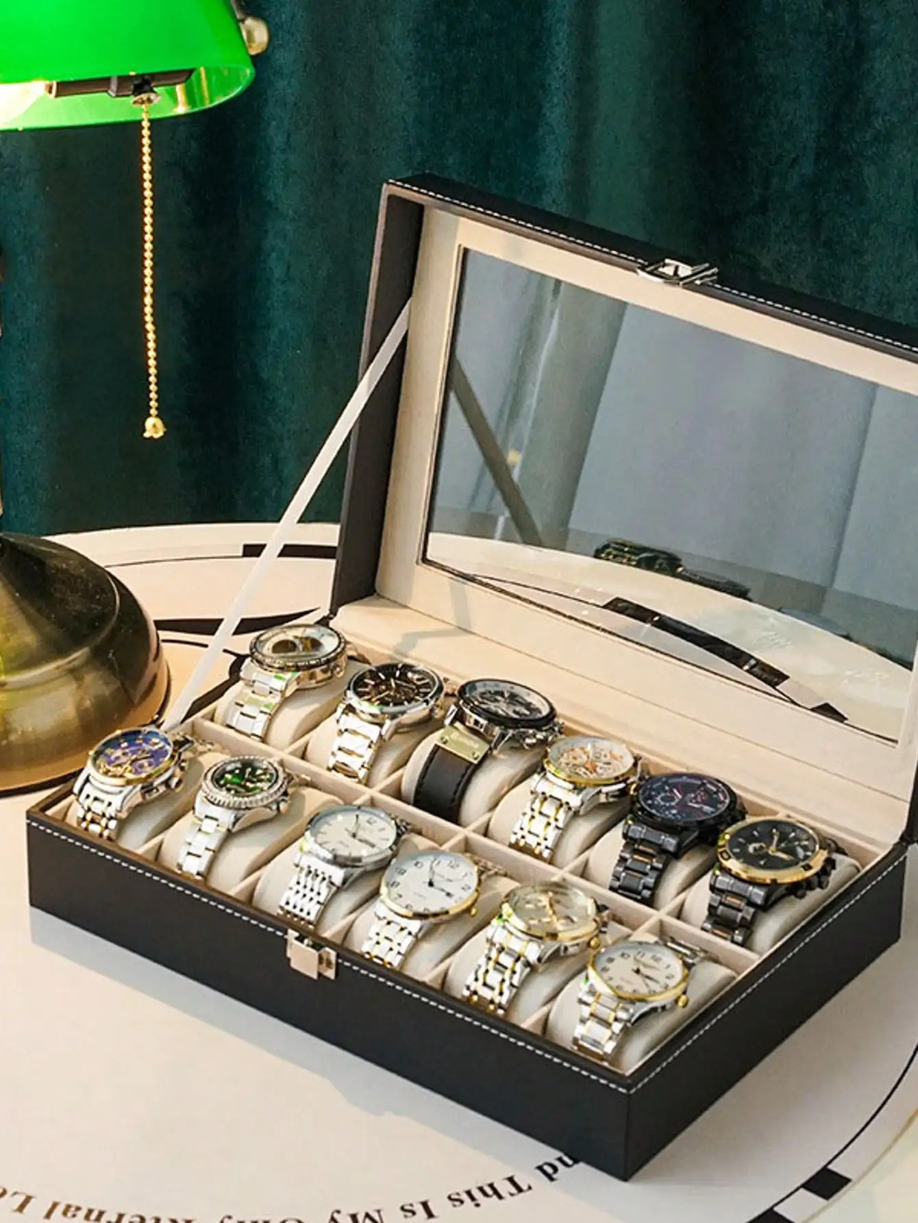 Leather Watch Box with Lock, Large Capacity Watch Display Case, High-End Jewelry Storage Organizer for Men Women, Home Vanity Dresser view 8