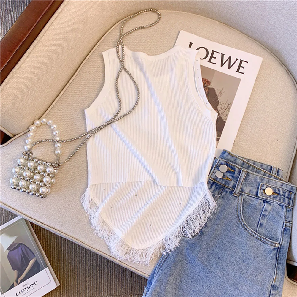 Fashion Sleeveless T Shirt Round Neck Rhienstone Diamonds Tassel Slim Knitted Tank Tops Women Vest 2023 Summer New Tee Knit Wear