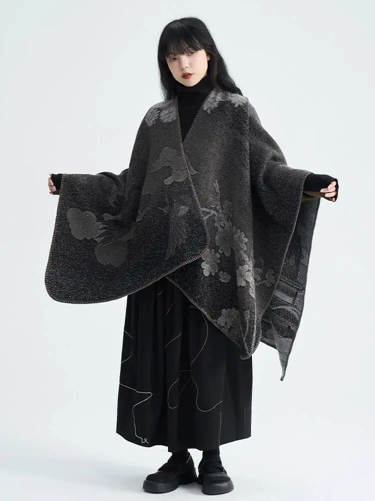 UMI MAO Yamamoto Dark Double Sided Japanese Pattern Shawl Autumn Winter New High End Wearing Women's Double Sided Cloak Coat