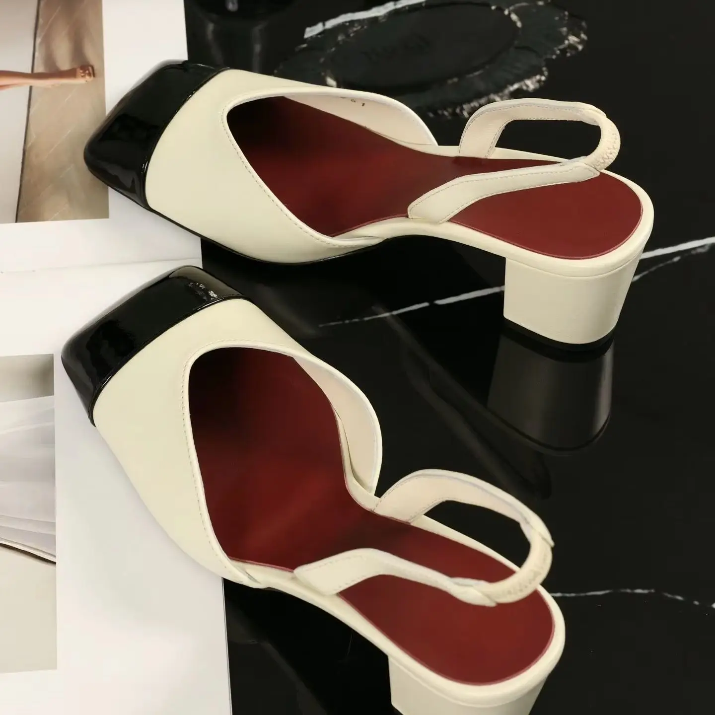 Women Slingback Pumps Two Tone Cream Black Patent Toe Cap Block Heel Sandals Square Toe Backless Faux Leather Office Party Dress Shoes For Ladies