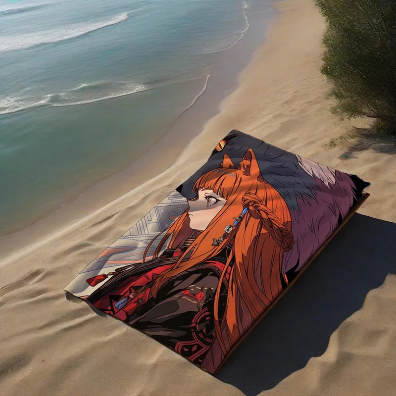 Anime Fox Girl & Wolf Head Beach Towel – Japanese Mythology Style Art, Dark Fantasy Design for Beach or Pool