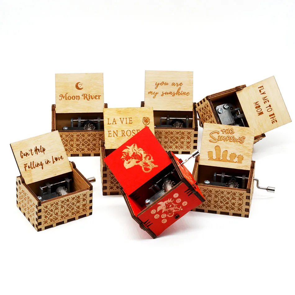 

IN STOCK 38 styles Anime Music Box Antique carved Wooden Hand Crank Music Box figure Christmas Birthday Gift