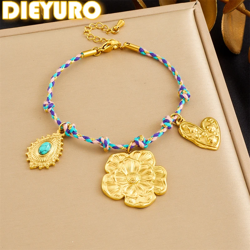 

DIEYURO 316L Stainless Steel Golden Peony Flower Turquoise Heart Bracelet Lady New Vintage Colorful Handmade Rope Chain Jewelry