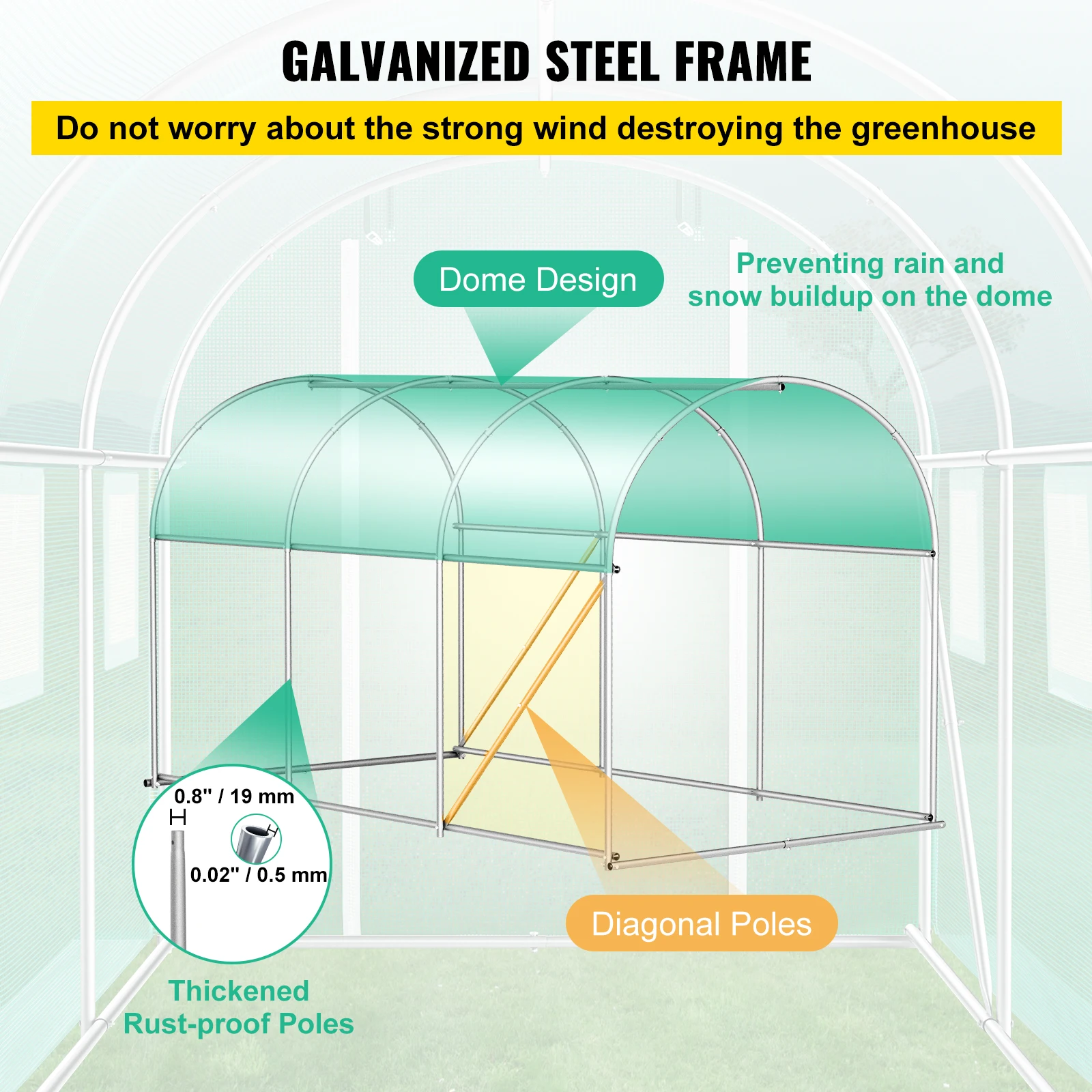 VEVOR Serre Tunnel Jardin 3x2,1x2,1 m Tente Abri Plantes Cadre en Acier Galvanisé Couverture Étanche en PE 1 Poutre Supérieure 2 Poteaux Diagonaux 1 Porte 6 Fenêtres pour Cultiver Légumes Fleurs Vert