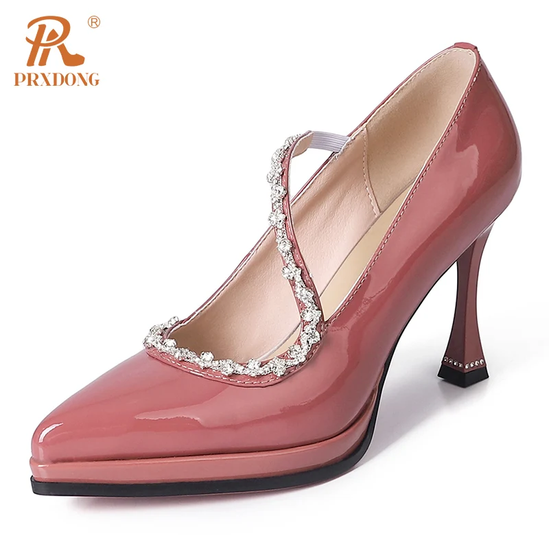 

PRXDONG 2024 New Fashion Crystal Genuine Leather Women Shoes High Heels Platform Black Pink Dress Party Wedding Female Pumps 39