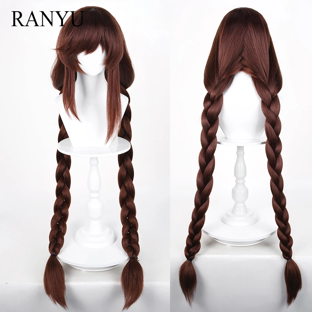 Brown Synthetic Long Straight Wigs with Bangs Double Braided Anime Game Cosplay Fluffy Wig for Daily Party