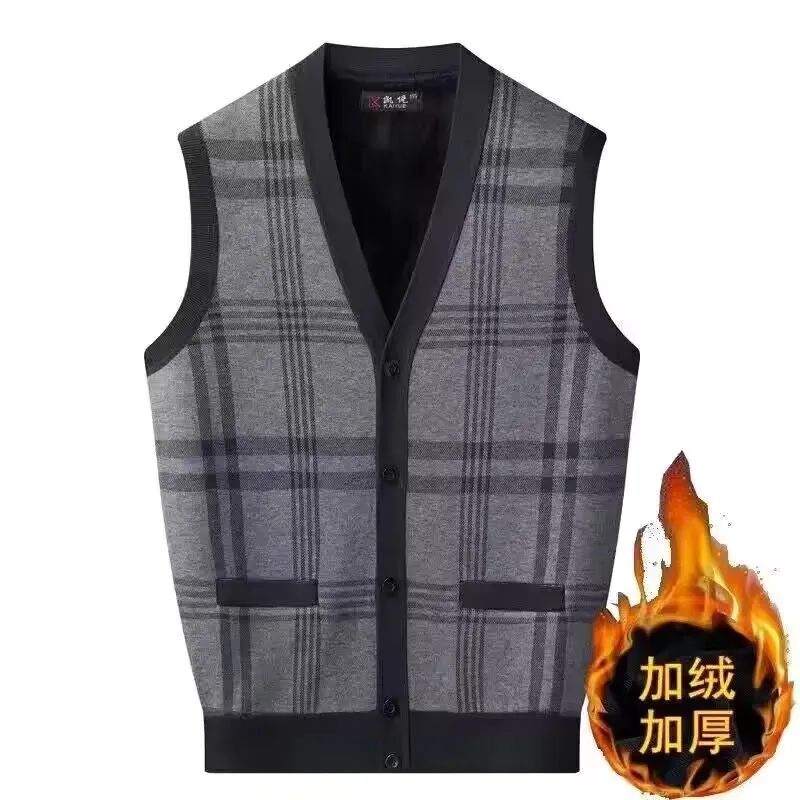 2025 Men's V-neck Keep Warm Fleece Vest Male Fleece Knitted Waistcoat Autumn Winter Dad's Thick Knitted Cardigan Outwear Coat