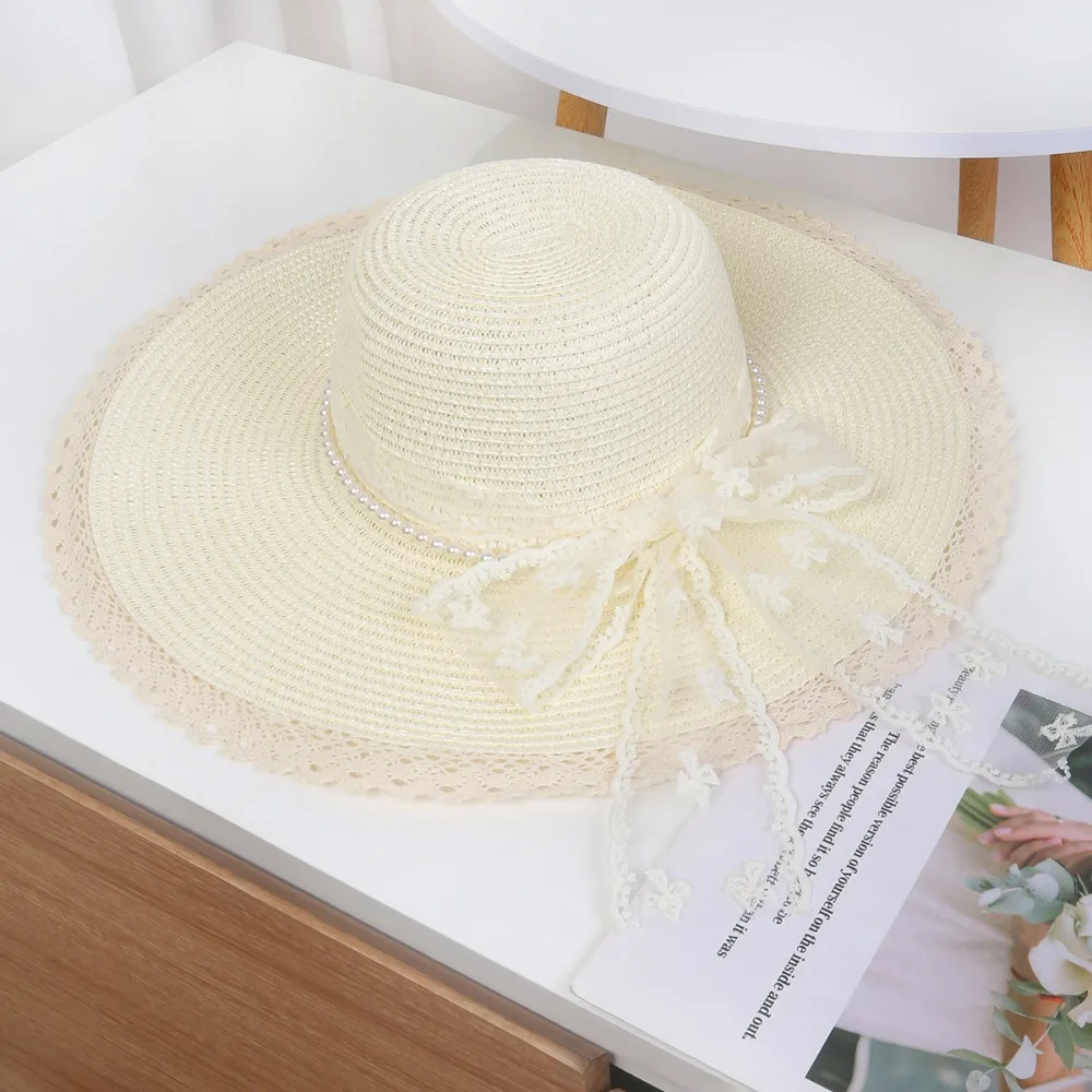 

Fashion Elegant Wide Brim Straw Hat Breathable Pearl Chain Weave Bucket Hat Lightweight Korean Style Beach Hat Holiday