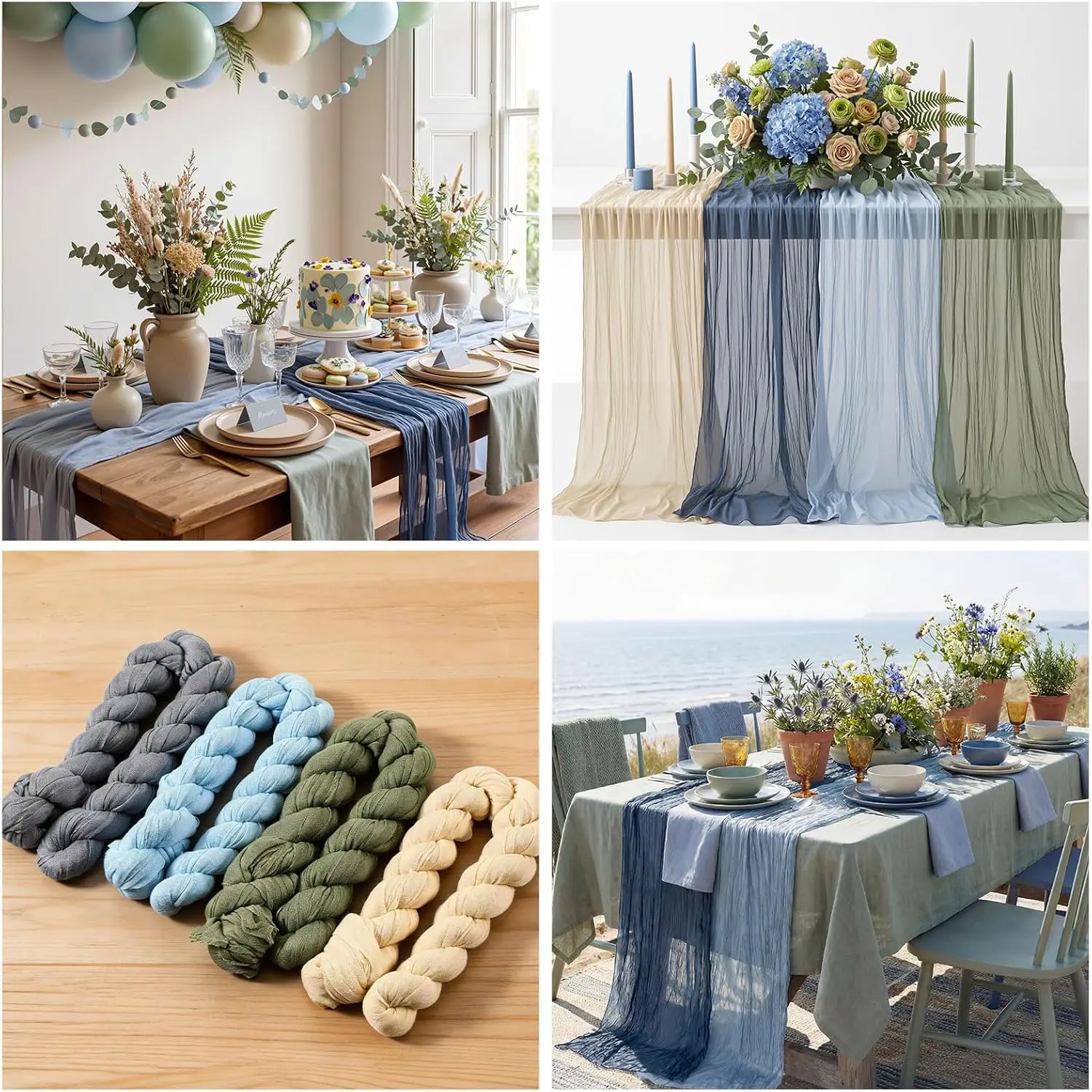 8Pcs Cheesecloth Table Runner Sage Green Boho Gauze Cloth Rustic for Wedding Bridal Baby Shower Birthday Party Home Arbor Decor