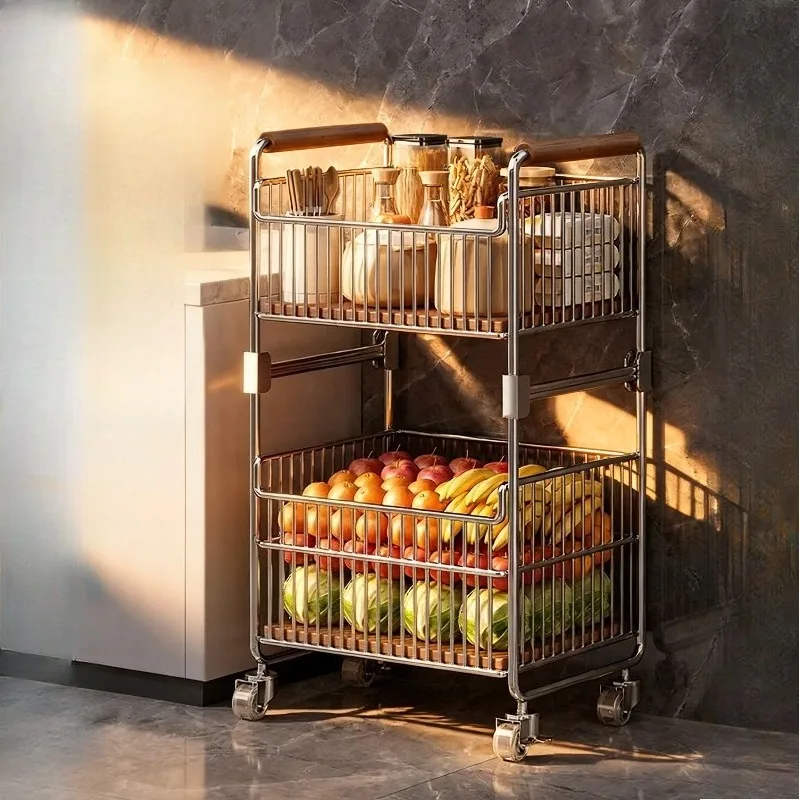 2-Tier Stainless Steel Kitchen Rack Fruit Vegetable Storage Basket Holder Cart with Wheels Kitchen Items Organizer for Home