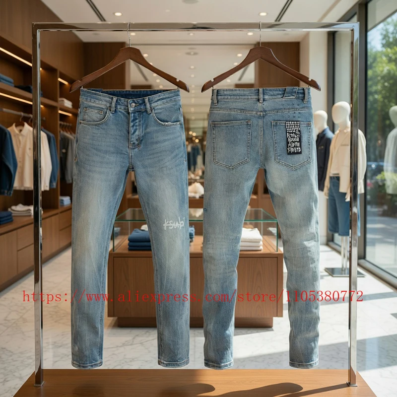 

2026 New Men's Light Blue Vintage Washed Skinny Jeans Letter Print Stretch Denim Pants High Street Fashion Casual Trousers