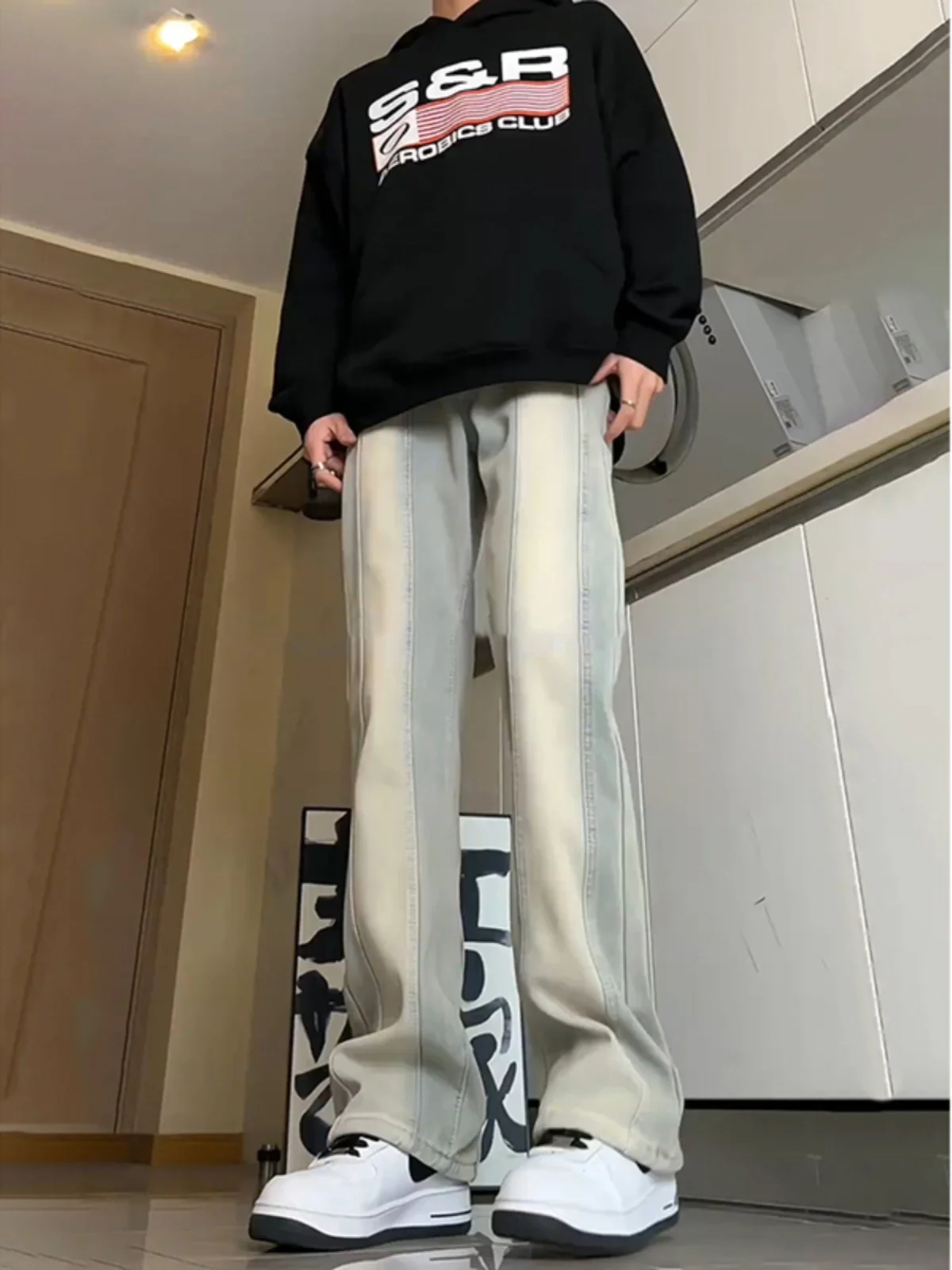 

Винтажные мужские джинсы Waed с лоскутным узором, прямые брюки, молодежные трендовые весенние брюки, прочные длинные брюки из смесового хлопка