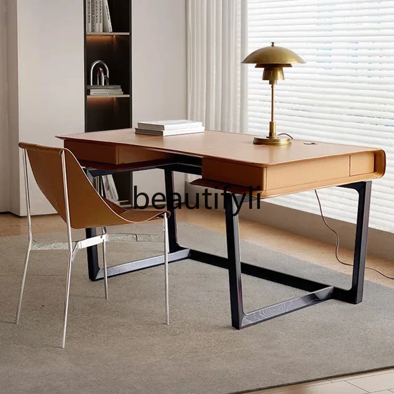 

Solid wood leather desk, simple desk, luxury, high-end minimalist desk