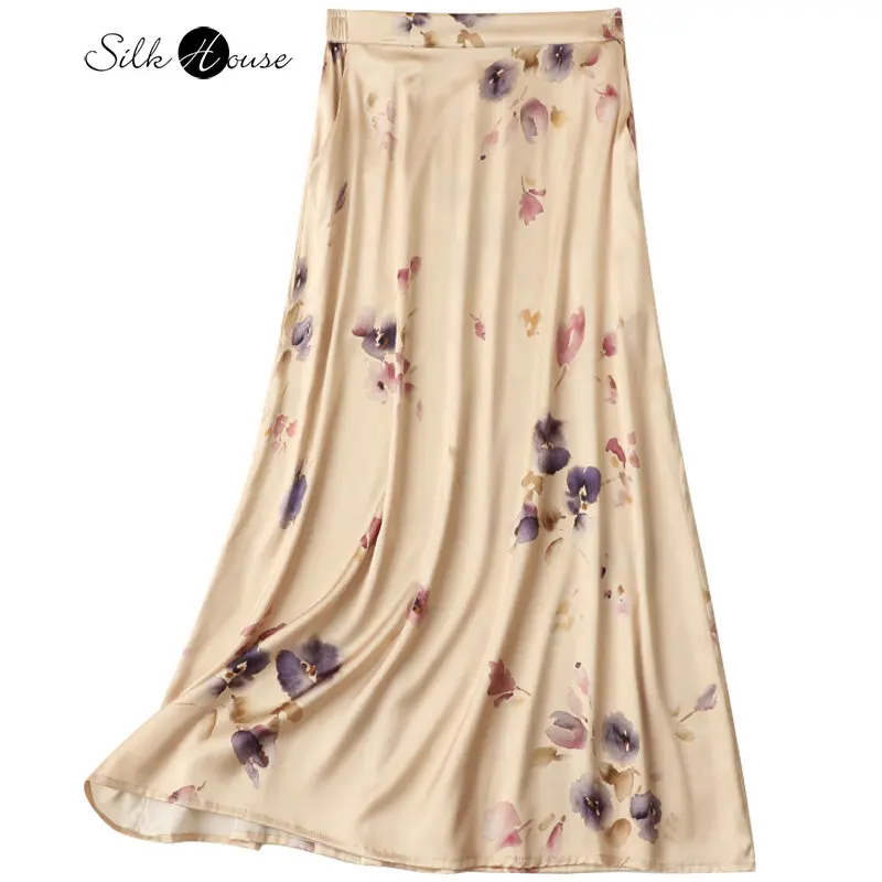 

2023 Summer Fashion New Silk Elastic Waist Versatile Style Mid Length Mulberry Silk Printed A-line Skirt