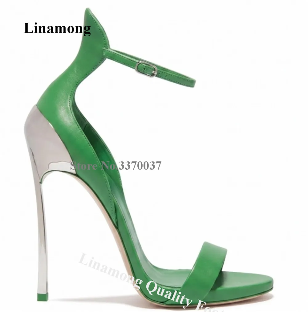 

Linamong Fashion Green Red Pink Yellow Matte Leather Metal Stiletto Heel Sandals Sexy One Straps Strange Thin Heel Party Heels