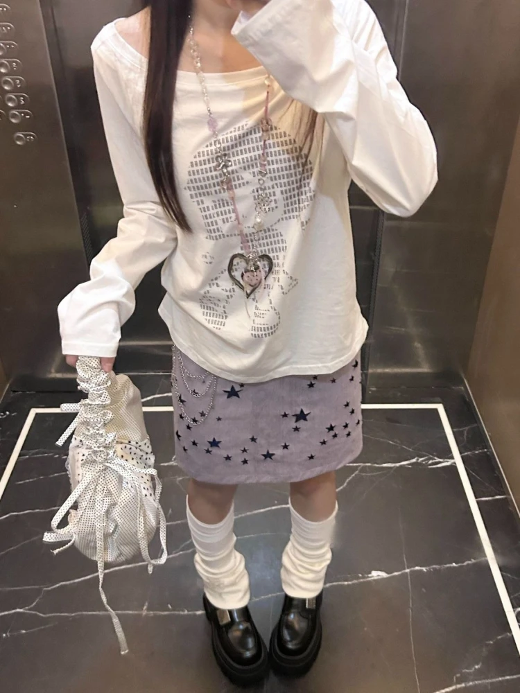 Deeptown Casual Białe Koszulki Graficzne Damskie Harajuku Vintage Koszulka z Długim Rękawem Y2k Gotycka Luźna Koszulka z Nadrukiem Kreskówkowym Streetwear