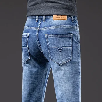 2023 lente herfst nieuwe heren lichtblauwe regular fit midwight casual jeans klassieke stijl stretch denim stof broek mannelijk merk