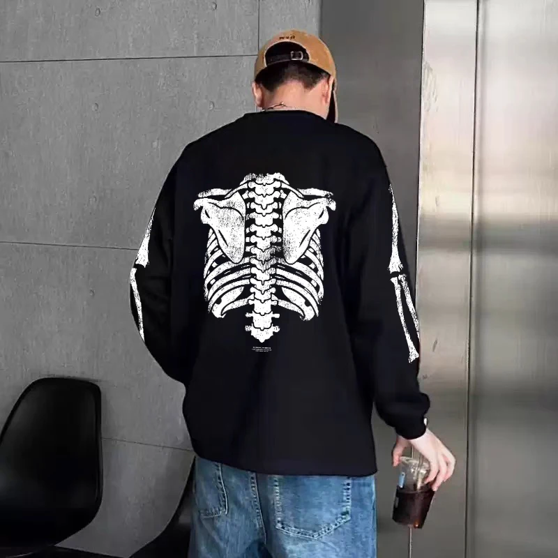 

American Retro Long Sve T-irt Bone Garment Dye Cotton Breathable Comfortable ex Retro Sle Printed T-irt for Dail...