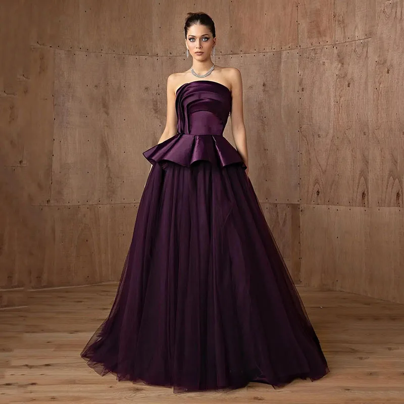 فستان سهرة رسمي من LAYXHS باللون الأرجواني بدون حمالات مكشكش على شكل حرف a فستان للحفلات الراقصة مخصص من Fساتين Sheer