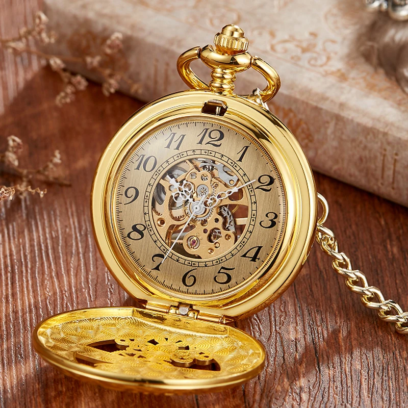 Hand-WInd Mechanical Pocket Watch Vintage Hollow Blue Moon Star Steampunk Skeleton Watch Roman Numerals Clock With Fob Chain