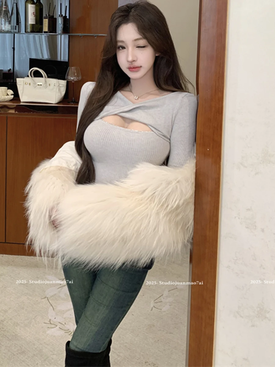 Sexy Knitted Long Sleeve Cross Hollow out Slim Fit T-Shirt Fashionable Versatile Body Shape Highlighting High Waist Design Top