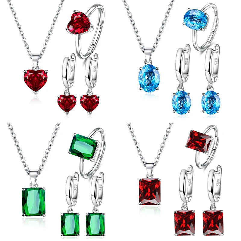 Luxury Elegant 925 Sterling Silver Heart Zircon Jewelry Sets For Women  Ring Necklaces Earrings Wedding Wholesale Best Selling