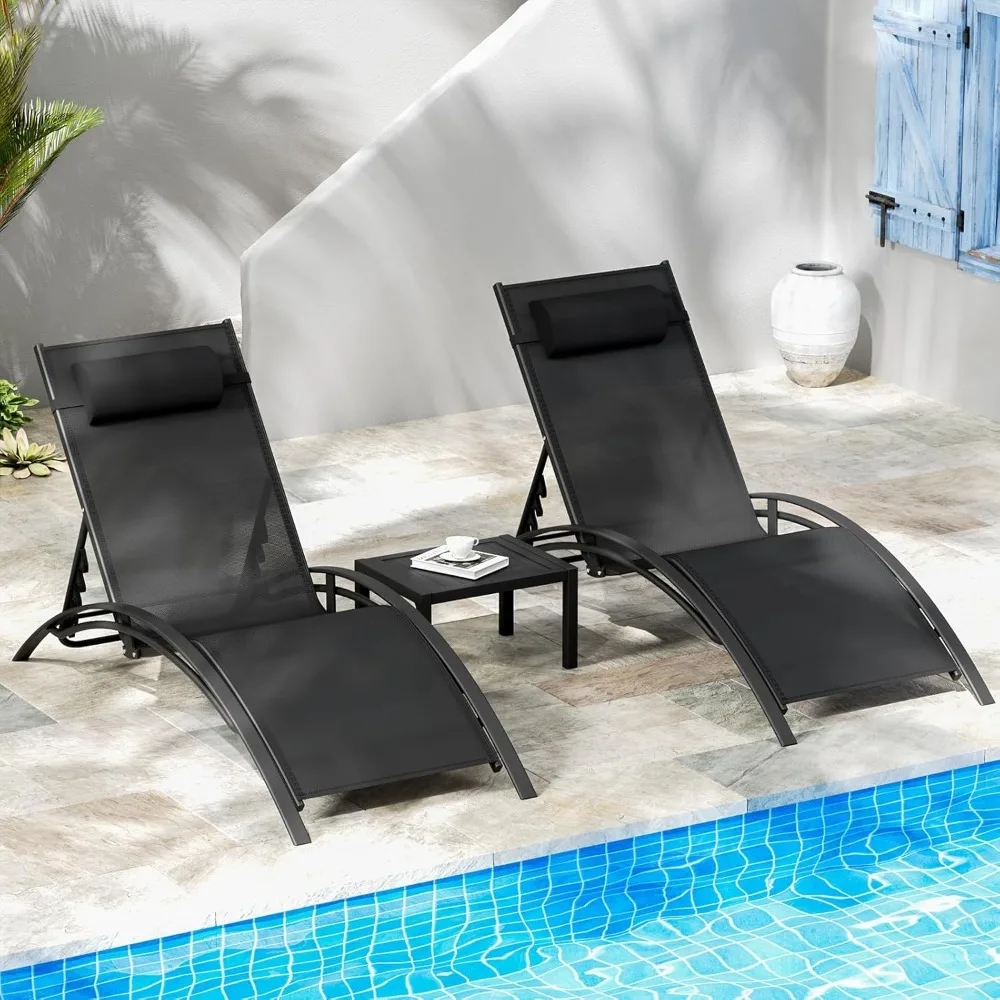 

3 Piece Outdoor Pool Chaise Lounge Set with Adjustable Headrest and 5-Level Sunbathing Recliner Chairs