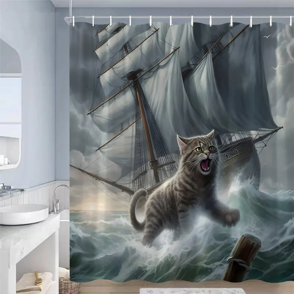 Funny Cat Shower Curtains Cute Animal Nautical Sailing Sea Waves Landscape Bath Curtain Polyester Fabric Bathroom Decor Hooks