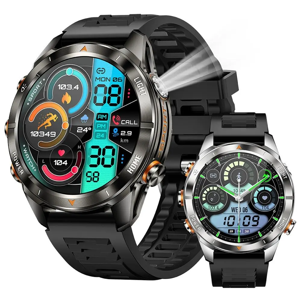 

Outdoor Sport Waterproof Men Smartwatch Strong Light Flashlight Heartrate Health Fitness Music Weather Women BT Call Smart Watch