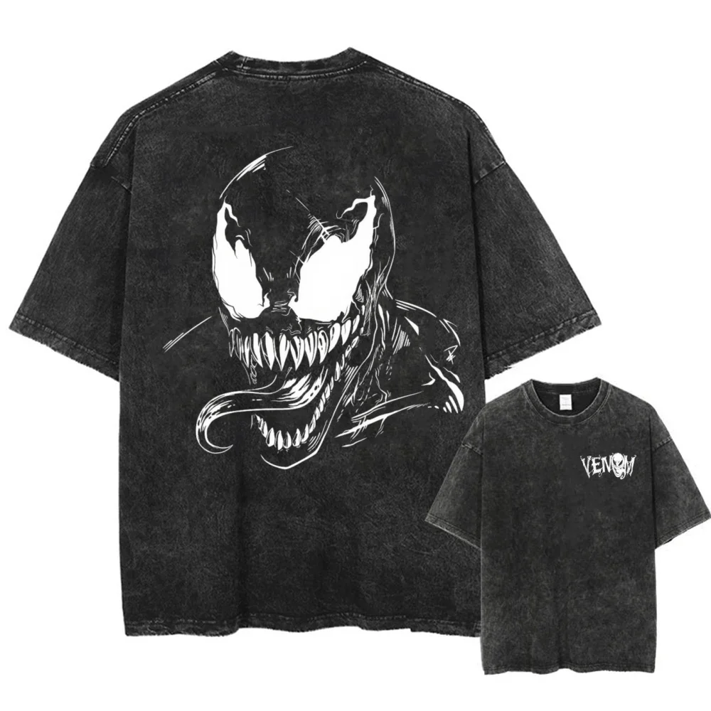 Camiseta estampada Marvel Venom moda casual neutra manga curta lavada retrô solta