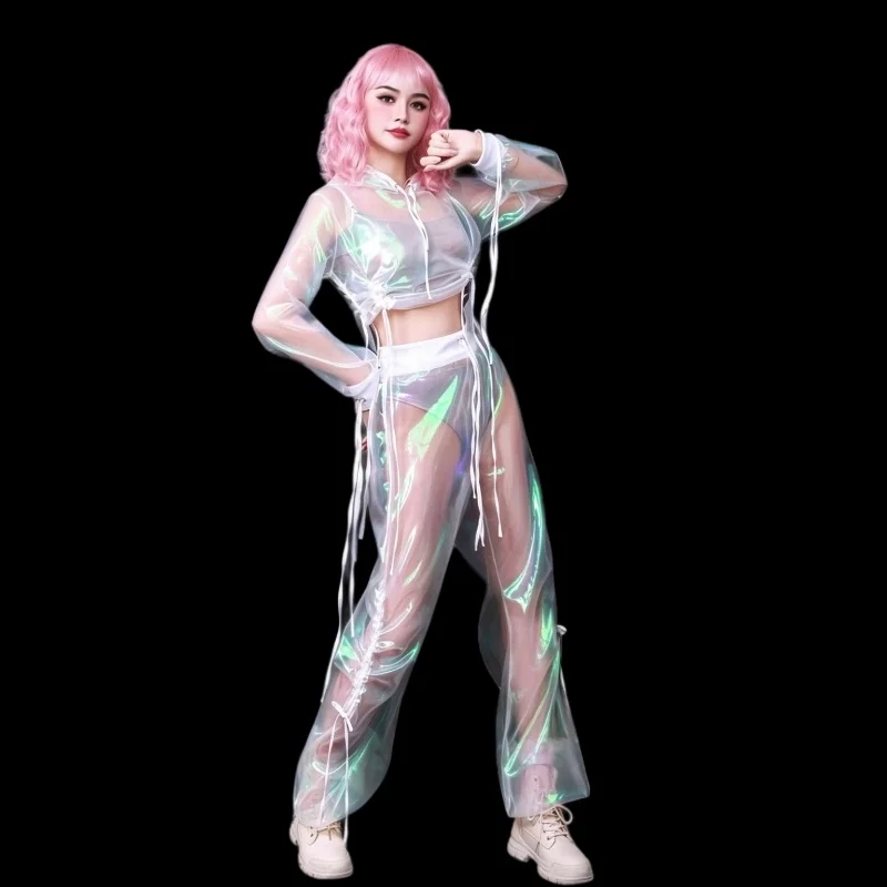 Unisex Hip Hop Dance Outfit 2-Piece Set with Transparent Hooded Crop Top And Reflective Pants for Jazz Performance Stage Costume