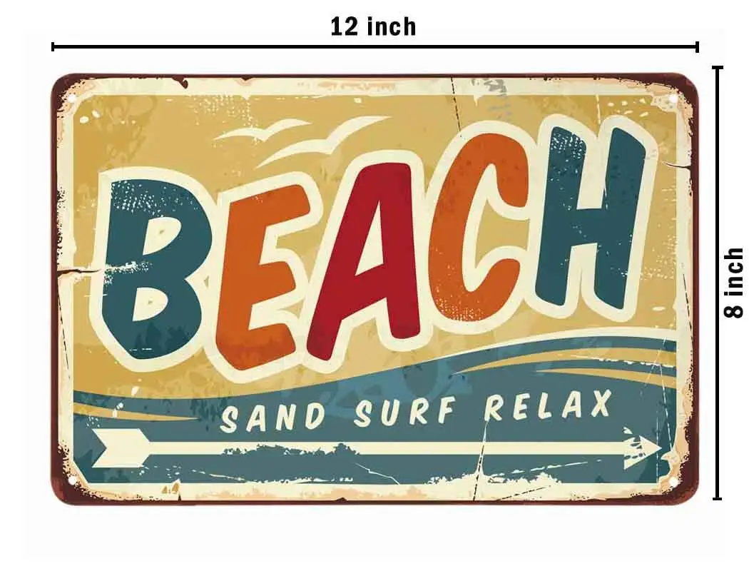  Beach Tin Sign,Wave Bird Fly Ocean Fun Arrow Sand Surf Relax Vintage Metal Tin Signs for Cafes Bars Pubs Shop Wall Decorative F