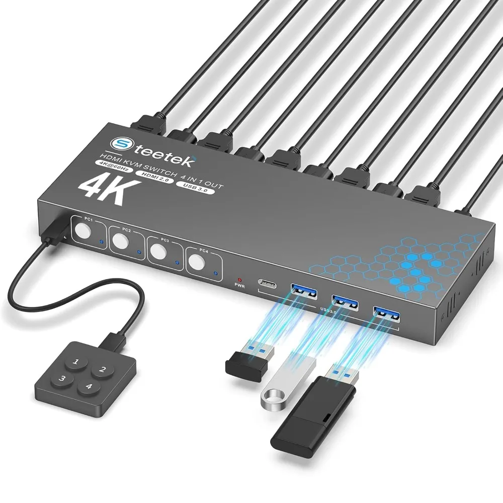4 Port KVM Switch USB HDMI Switcher 4Kx2K@60Hz for 4 Computers Sharing 1 HD Monitor and 3 USB Devices Keyboard Mouse Printer