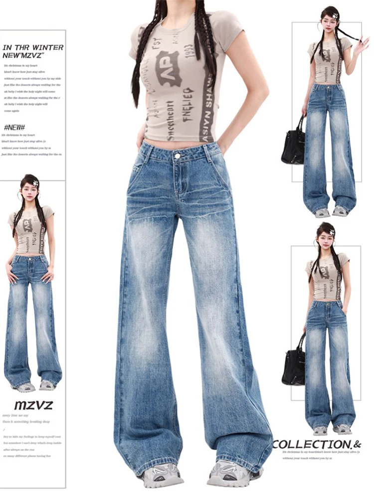 

WCFCX STUDIO Women Korean Style Harajuku Retro High Waist Jeans Fashion Baggy Wide Leg Pants Streetwear Loose Denim Trousers