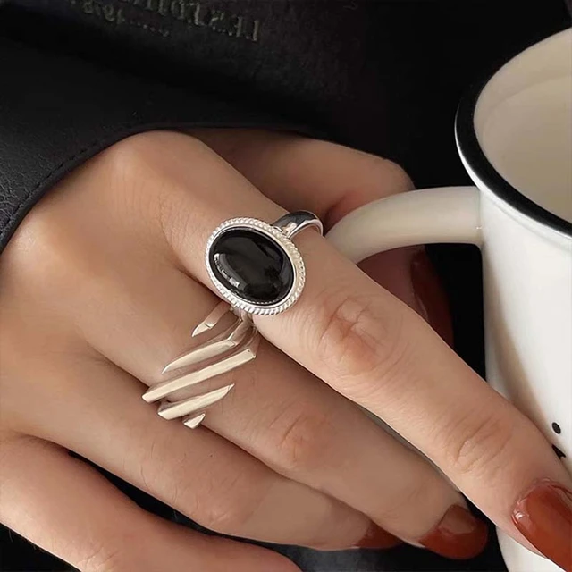 Fashion Silver Color Black Stone Rings for Women Girl Korean Simple Geometric Open Adjustable Handmade Couple Ring Jewelry Gifts AliExpress