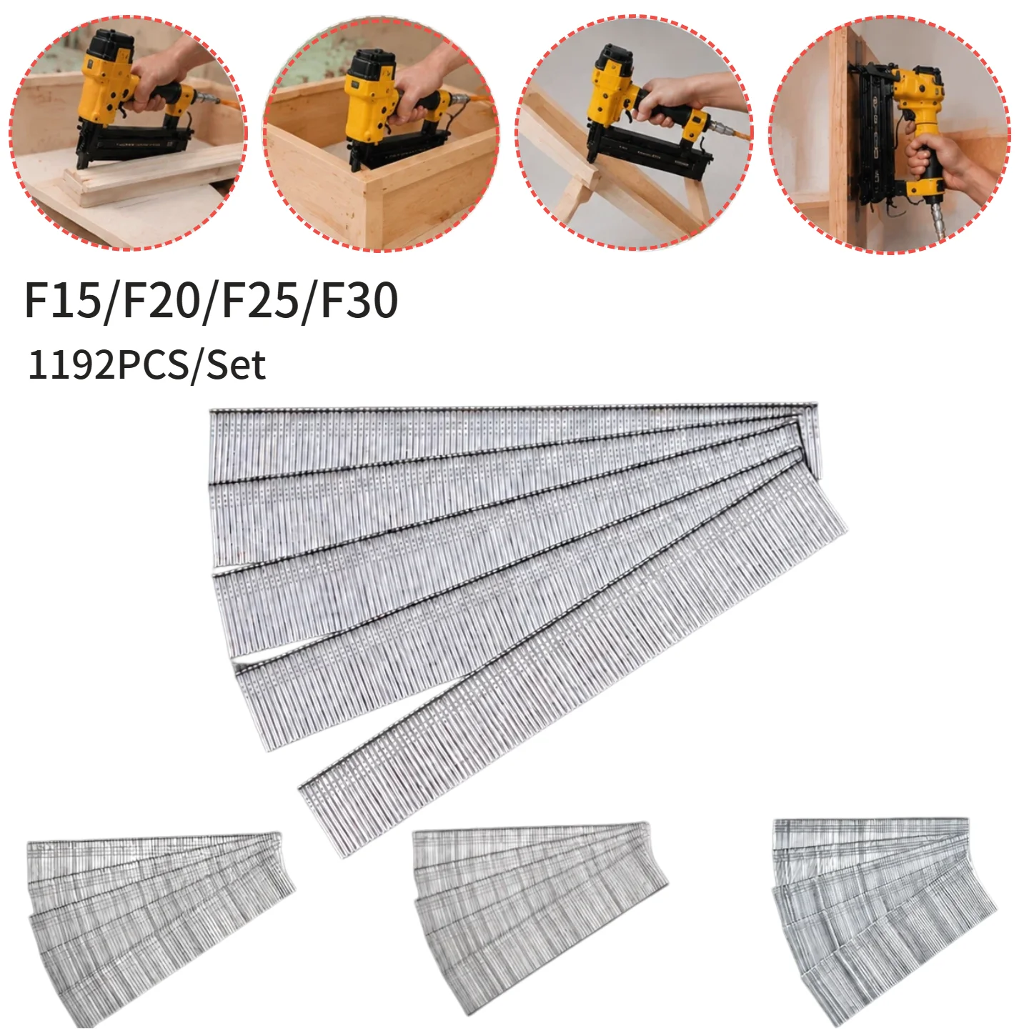 1192pcs 4 Sizes Available: 14mm - 29mm 18GA Brad Nails Galvanized Pneumatic Nail Gun Hardware for Woodworking Trim Projects
