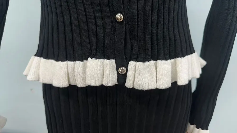 Ensemble cardigan à boutonnage simple et jupe taille haute, manches longues, bord d'oreille en bois, ensemble 2 pièces, 2024